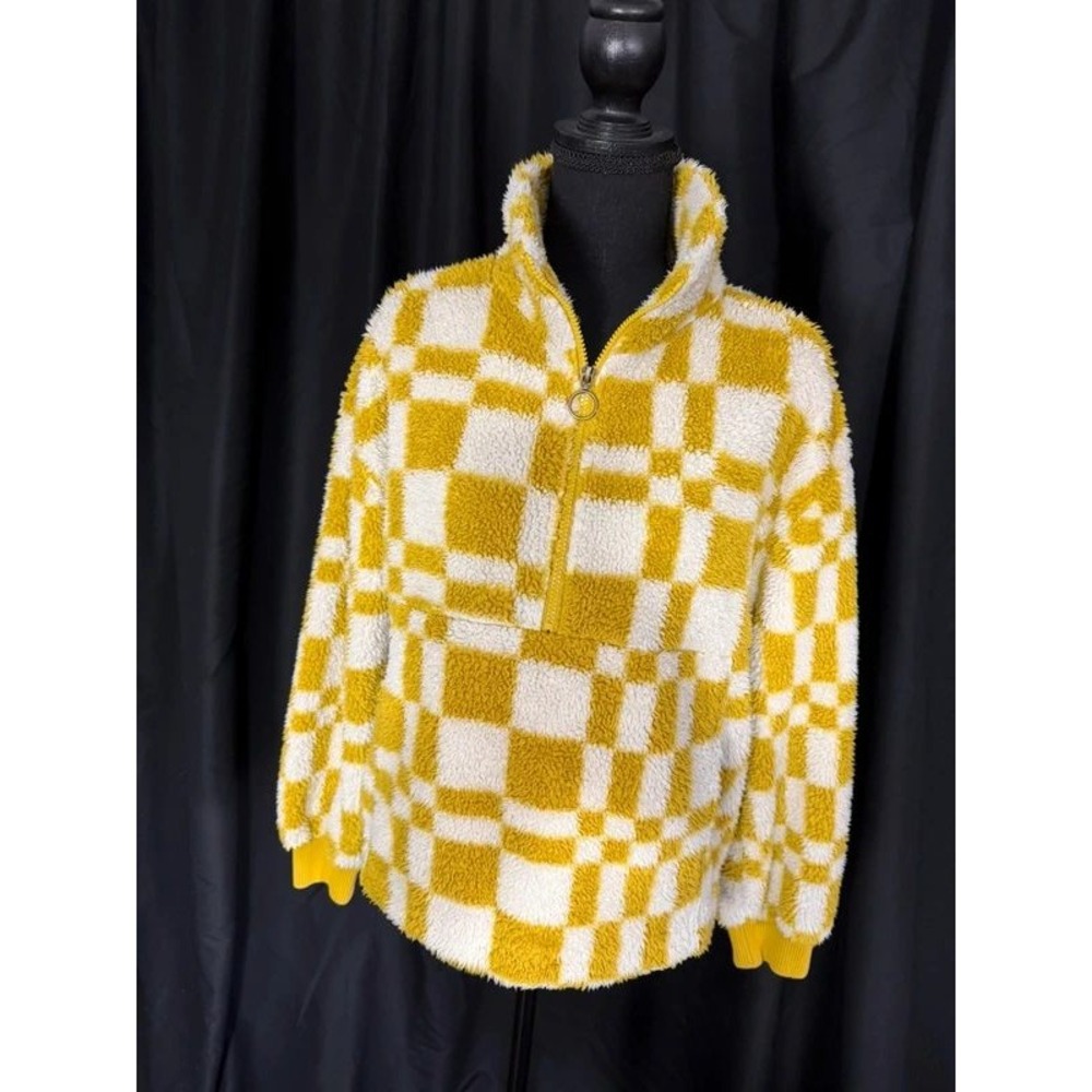Billabong Switchback Yellow White Checkered Sherpa Fleece Quarter Zip Pullover